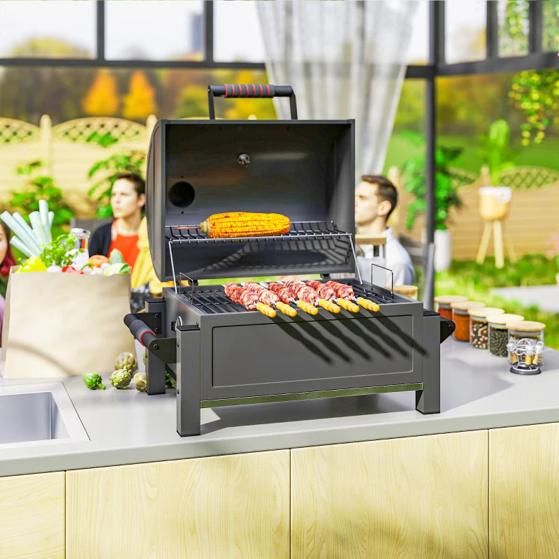 Tabletop Charcoal Smoker, Portable BBQ with Ash Catcher and Thermometer for Backyard, Camping, Picnic, Black