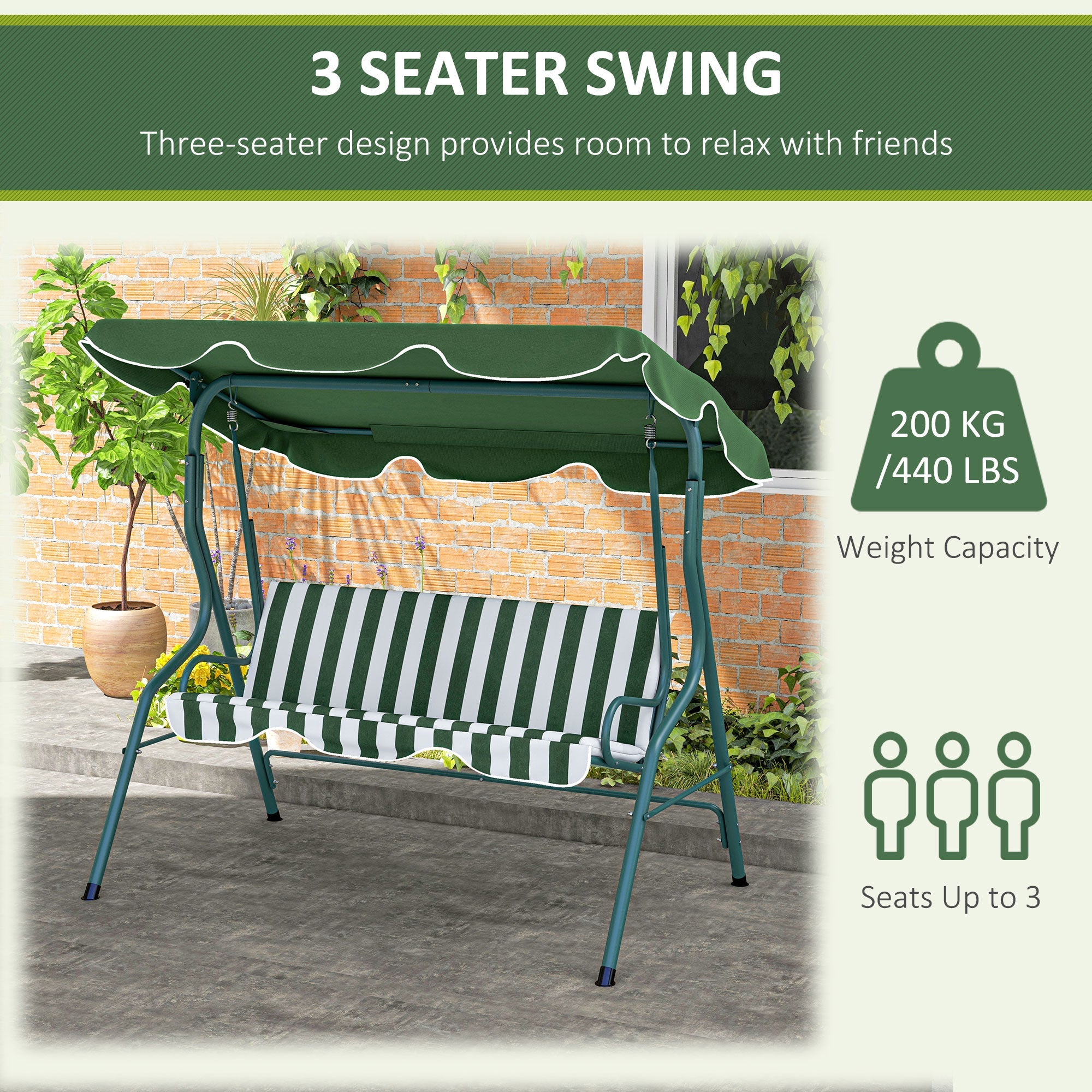 Outsunny Patio Swing Chair: 3-Seater Outdoor Porch Swing with Adjustable Canopy Cushion Green 