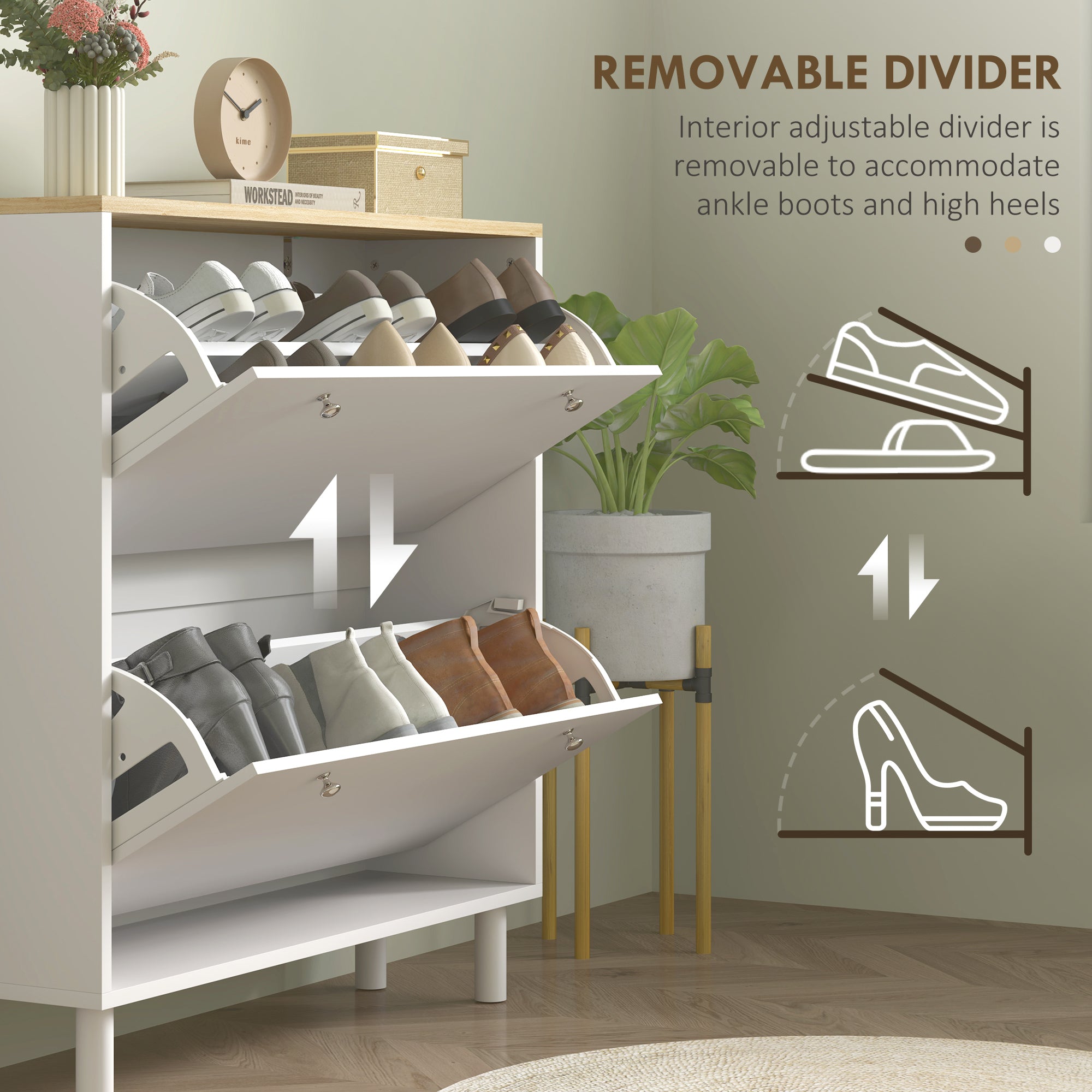 HOMCOM 2 Drawers Shoe Storage Cabinet with Adjustable Shelves for 16 Pairs of Shoes, White 