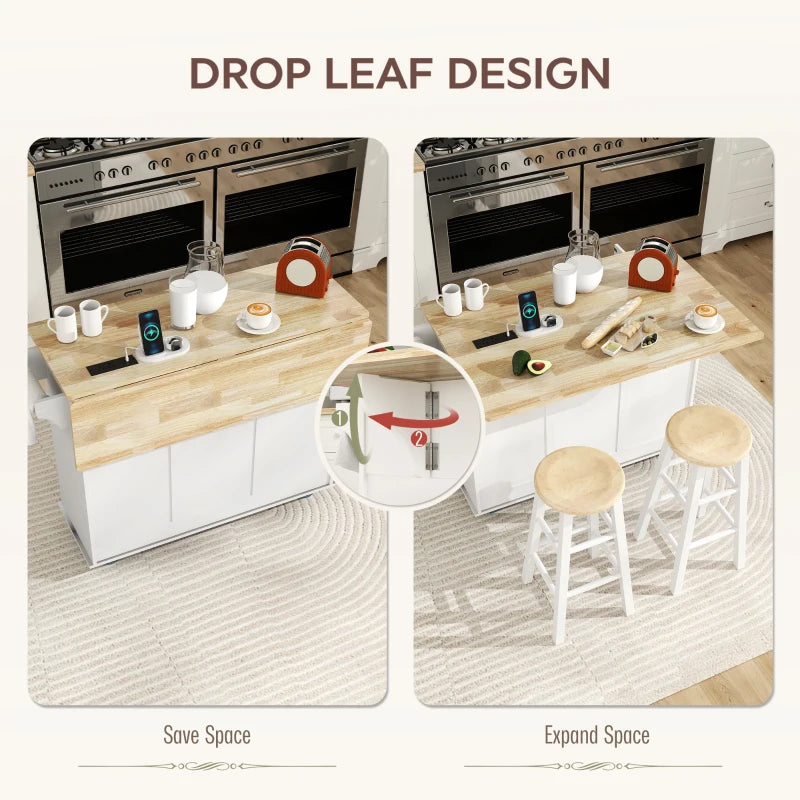 Kitchen Island on Wheels with Wood Drop Leaf, Charging Station, Rolling Kitchen Cart with Adjustable Shelf, White