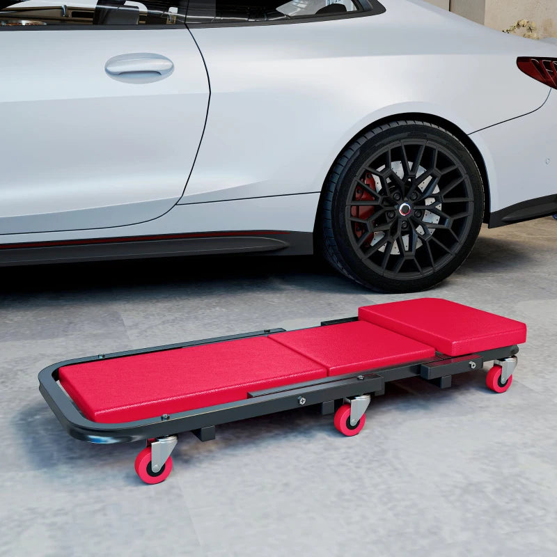 Automotive Z Creeper Seat, 2-in-1 330 lbs Rolling Garage Mechanic Creeper & Stool with Pad, 6 Wheels, Red