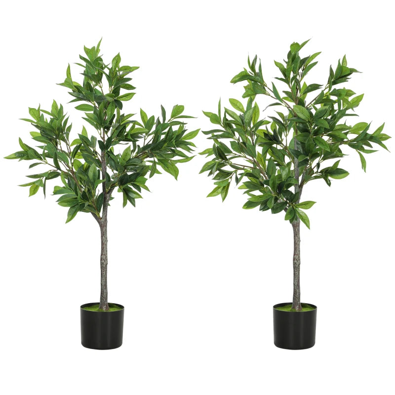 Potted Fake Plants Set of 2, Lifelike Laurel Artificial Trees with 345 PEVA Leaves for Indoor Outdoor Decor, Green