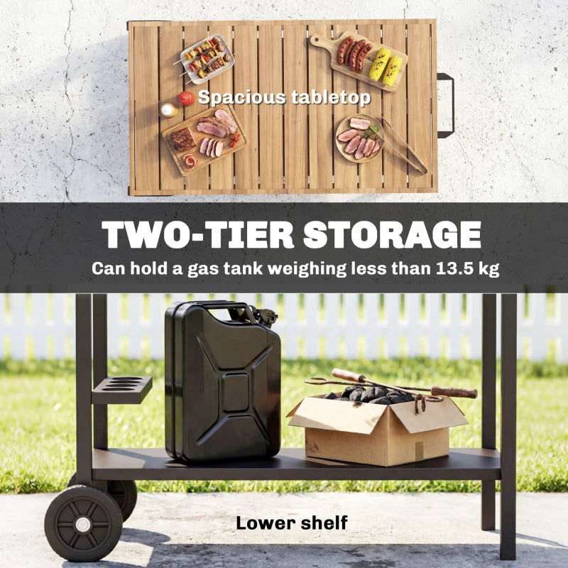 Outdoor Grill Cart, 2-Tier Pizza Oven Stand, BBQ Stand with Beverage Holder, Hooks, Wheels, Black and Brown