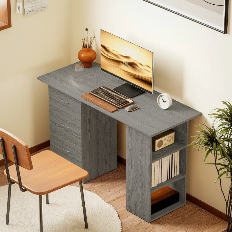 Computer Desk, 47" Writing Table with 3-Tier Shelves and 3 Reversible Drawers for Home Office, Bedroom, Grey