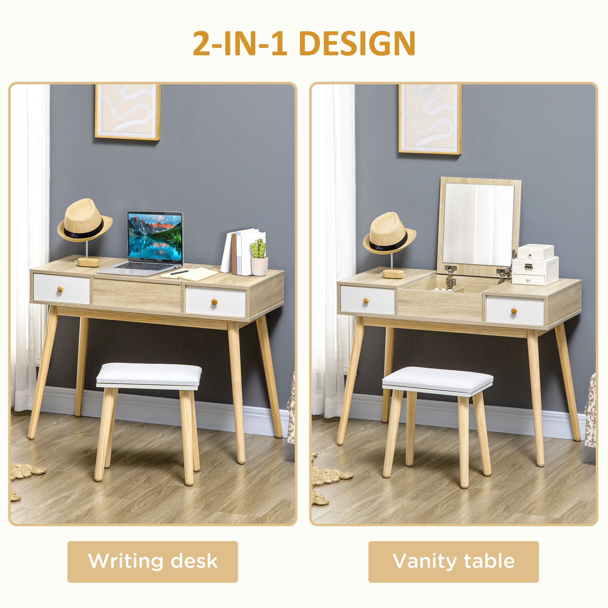 HOMCOM Dressing Table Set Flip Top Mirror Cushioned Stool Makeup Vanity Desk Natural Finish for Bedroom 
