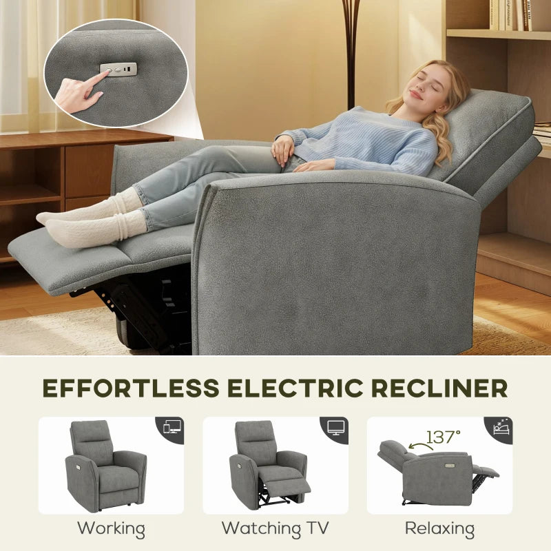 Power Recliner Chair, Fabric Upholstered Recliner Chair with USB Ports, Footrest, Grey