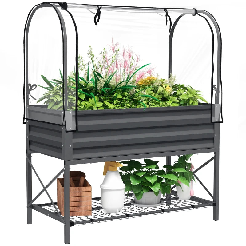 Raised Garden Bed with Cover, Metal Elevated Planter Box with Bottom Shelf and Liner, Dark Grey