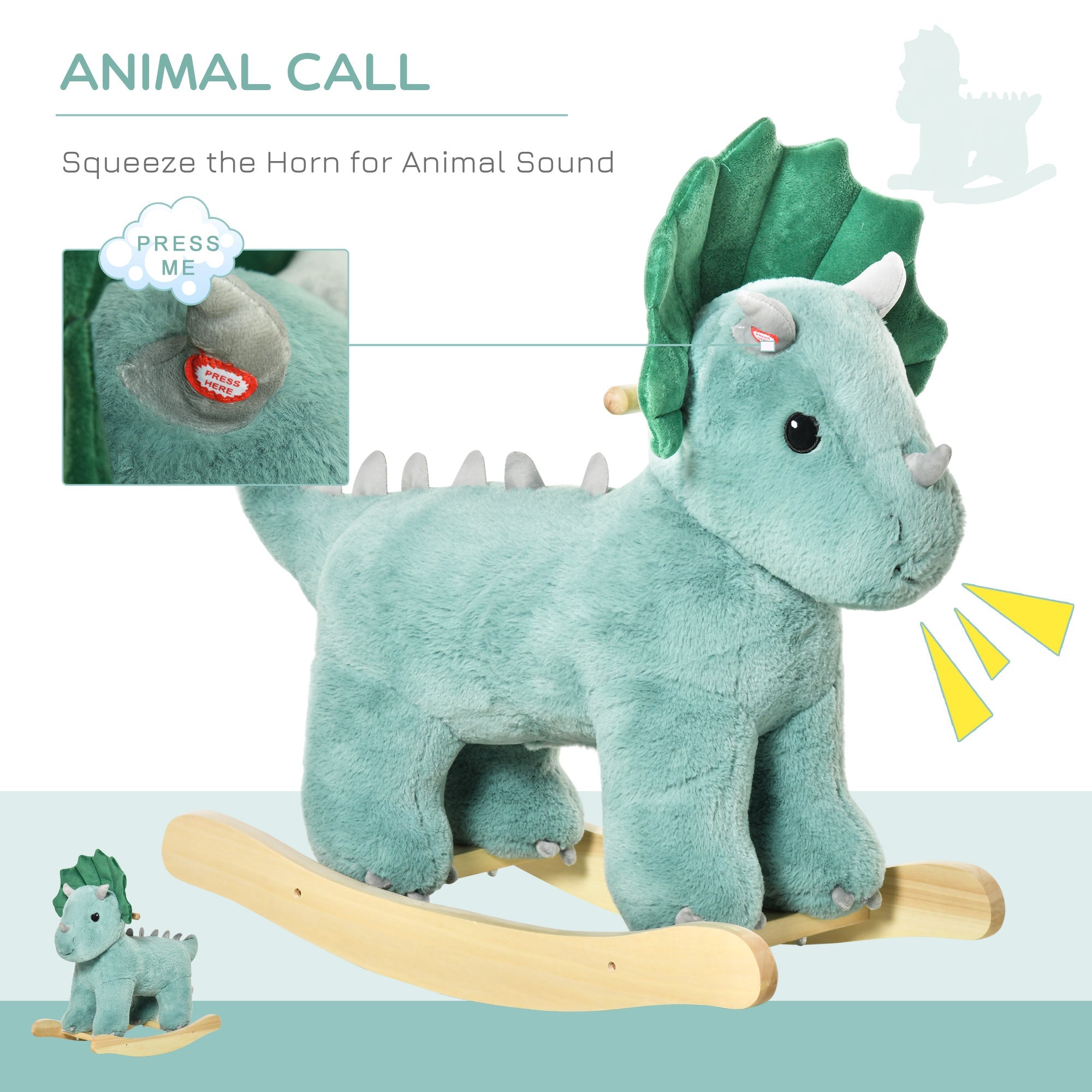 Qaba Triceratops Rocking Horse - Kids Plush Ride-On Toy with Realistic Sounds, Perfect for 36-72 Months, Dark Green 