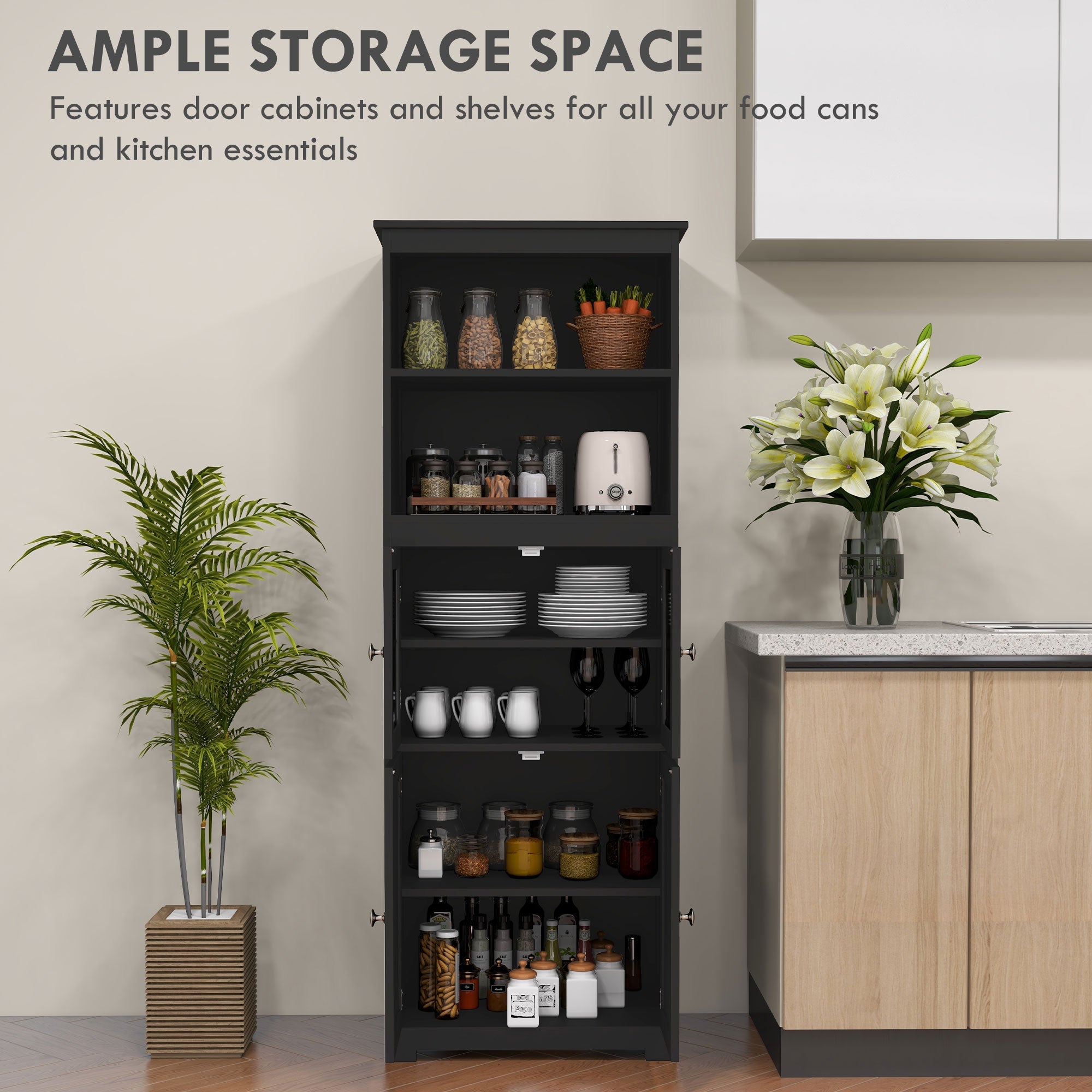 HOMCOM Black 63" Small Kitchen Hutch: 4-Door Pantry Storage Cabinet with Adjustable Shelf for Dining Room 