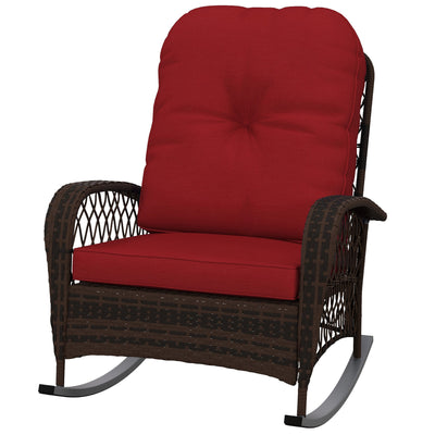Outsunny Wicker Rattan Rocking Chair with Thick Cushions, Outdoor Patio Rocker for Garden Backyard Porch, Red 
