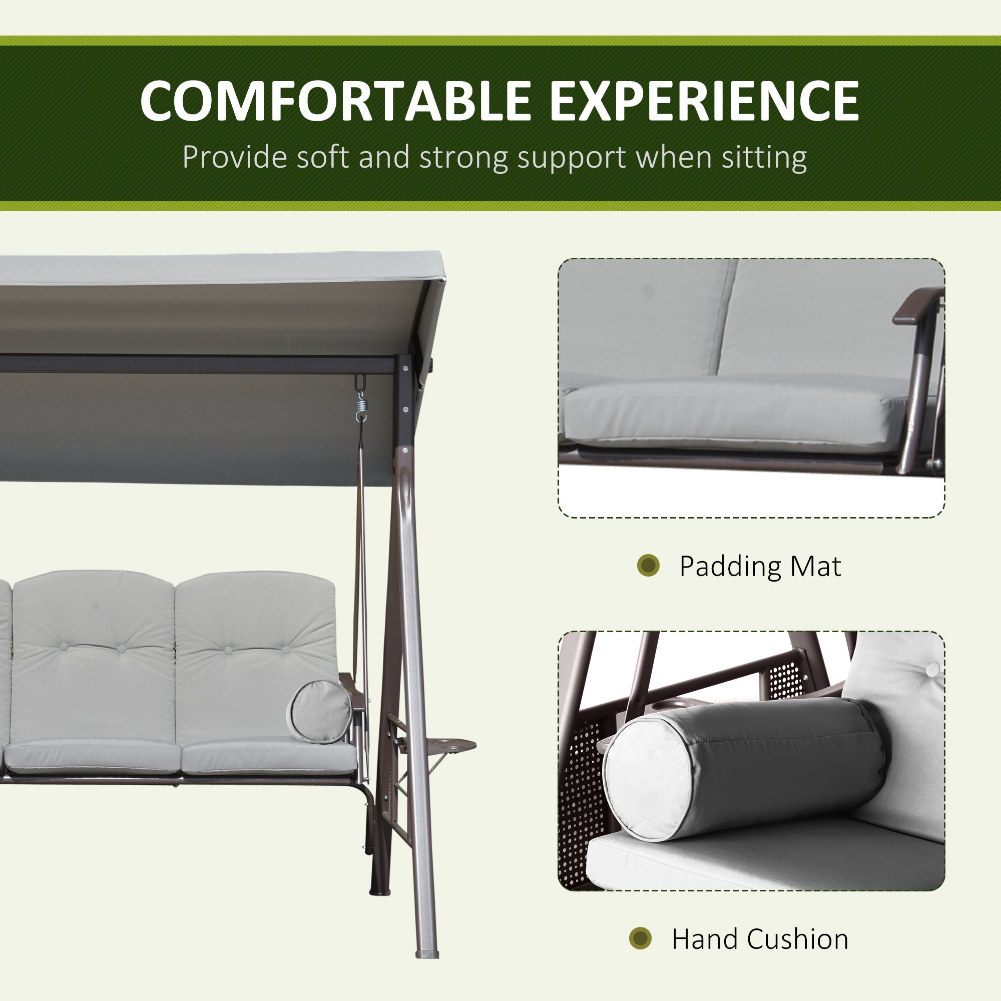 Outsunny Outdoor Patio 3-Person Steel Canopy Cushioned Seat Bench Swing with Included Side Trays & Padded Comfort, Light Grey 
