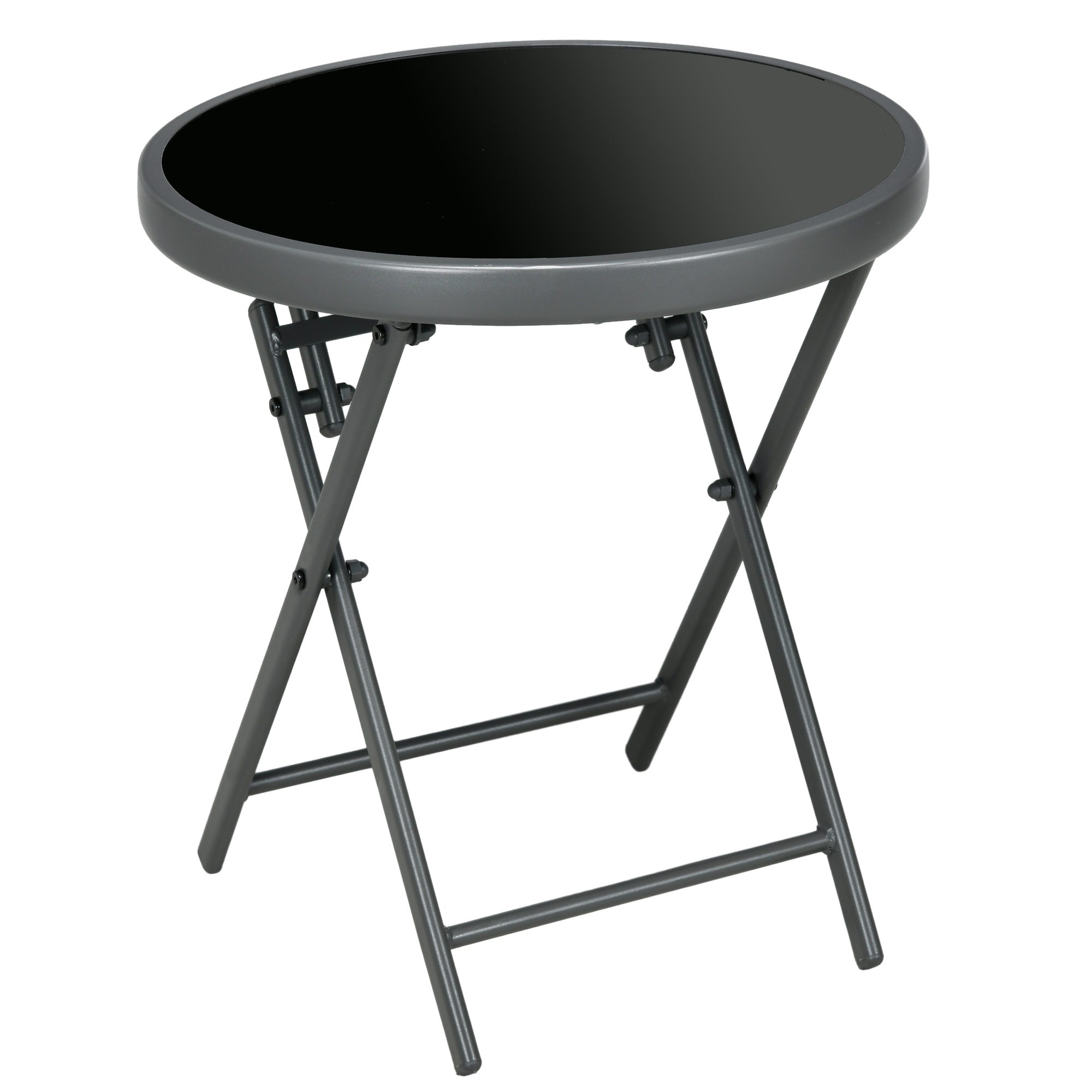 Outsunny 18" Outdoor Round Folding Table, Garden Side Table with Tempered Glass Top for Camping, Party, Weddings, Dark Grey 