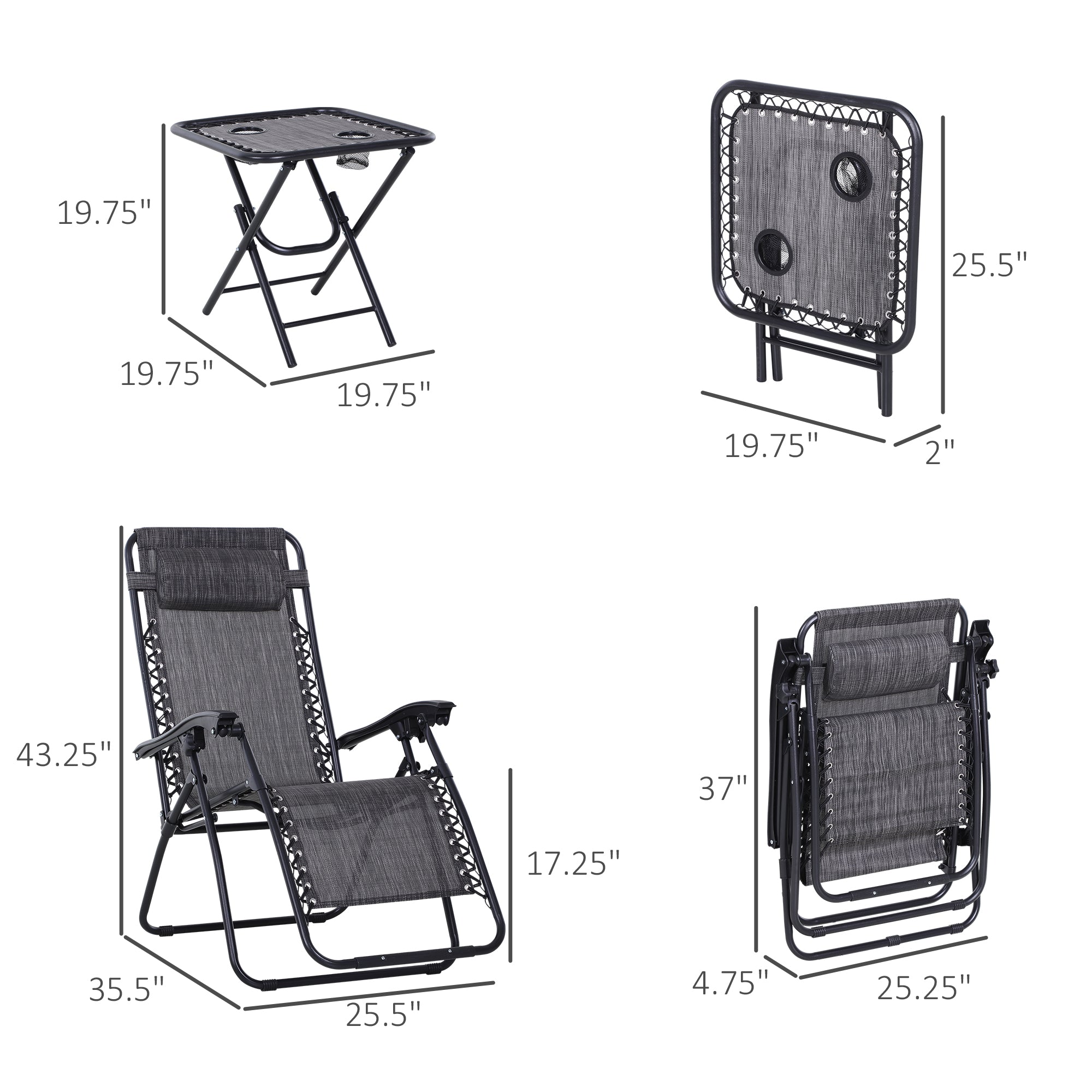 Outsunny Gravity-Defying Comfort: 3pcs Zero Gravity Lounger Chair Set, Patio Chaise Lounge with Side Table, Cup Holder, Dark Grey 