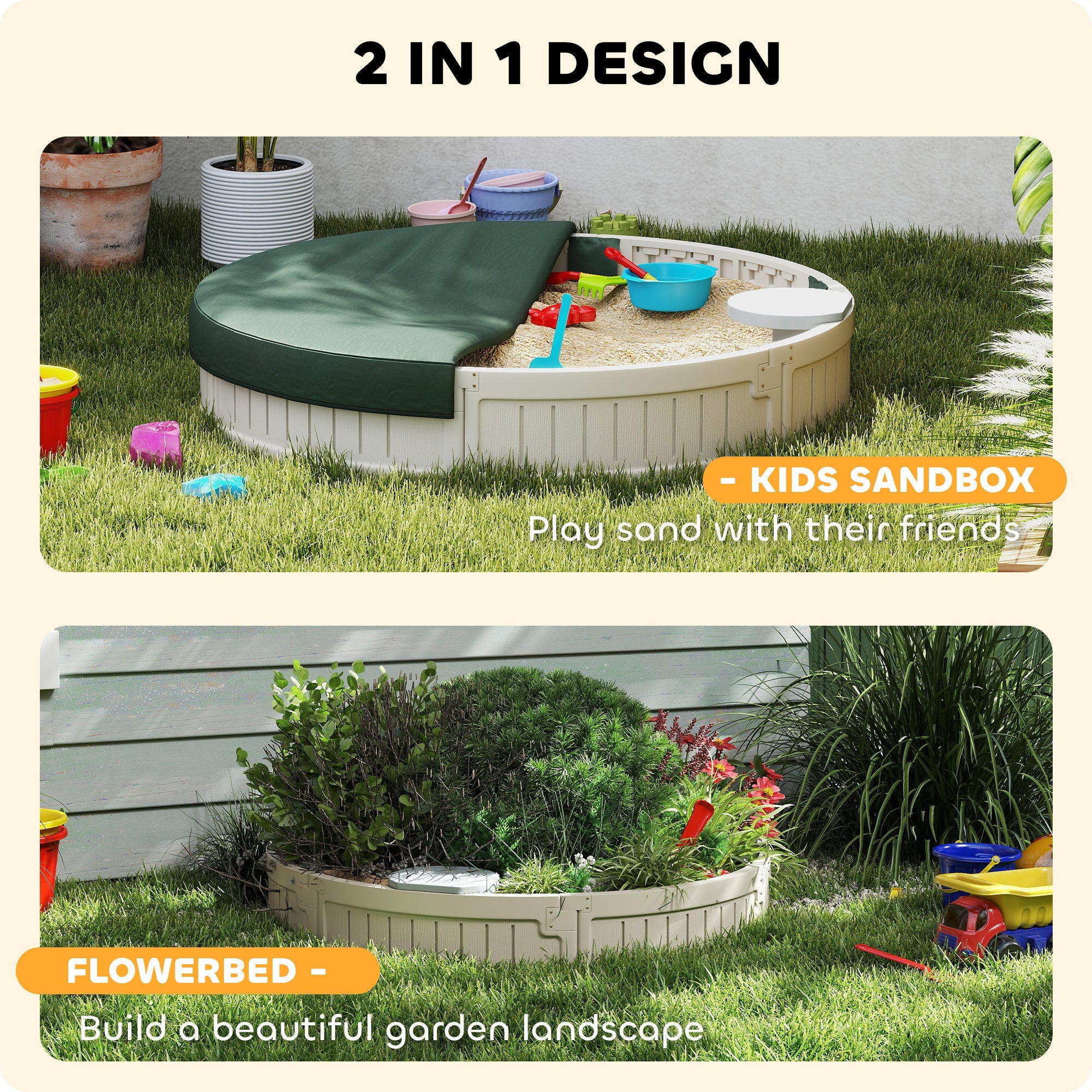 Outsunny Kids Outdoor Sandbox with Cover Waterproof Oxford Canopy, Bottom Fabric Liner for 3-12 years old, Backyard, Cream White 