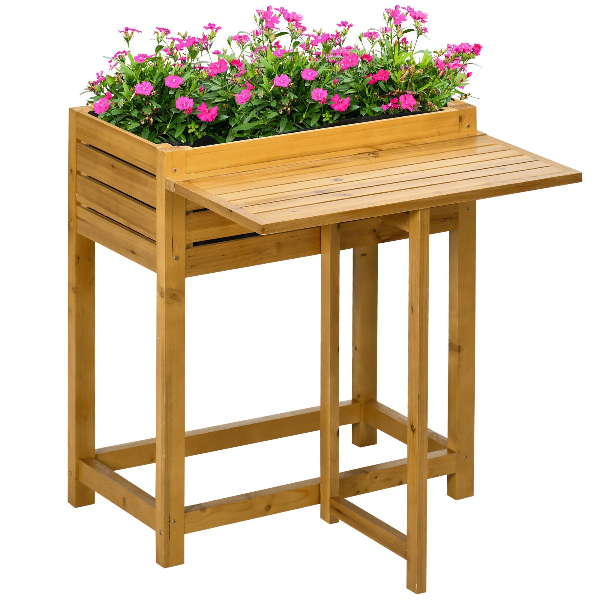 Outsunny Raised Garden Bed with Folding Side Table, Elevated Wood Planter Box for Flowers and Vegetables, Use for Patio, Balcony 