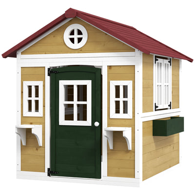 Outsunny Wooden Playhouse for Kids Outdoor with Door, Windows, Planter Pots and Boxes for Toddlers 3-8 Years, Beige 