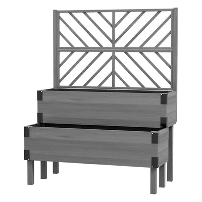 Outsunny Raised Garden Bed with Trellis, 2 Tier Wooden Elevated Planter Box  for Vegetables, Flowers, Herbs, Grey 