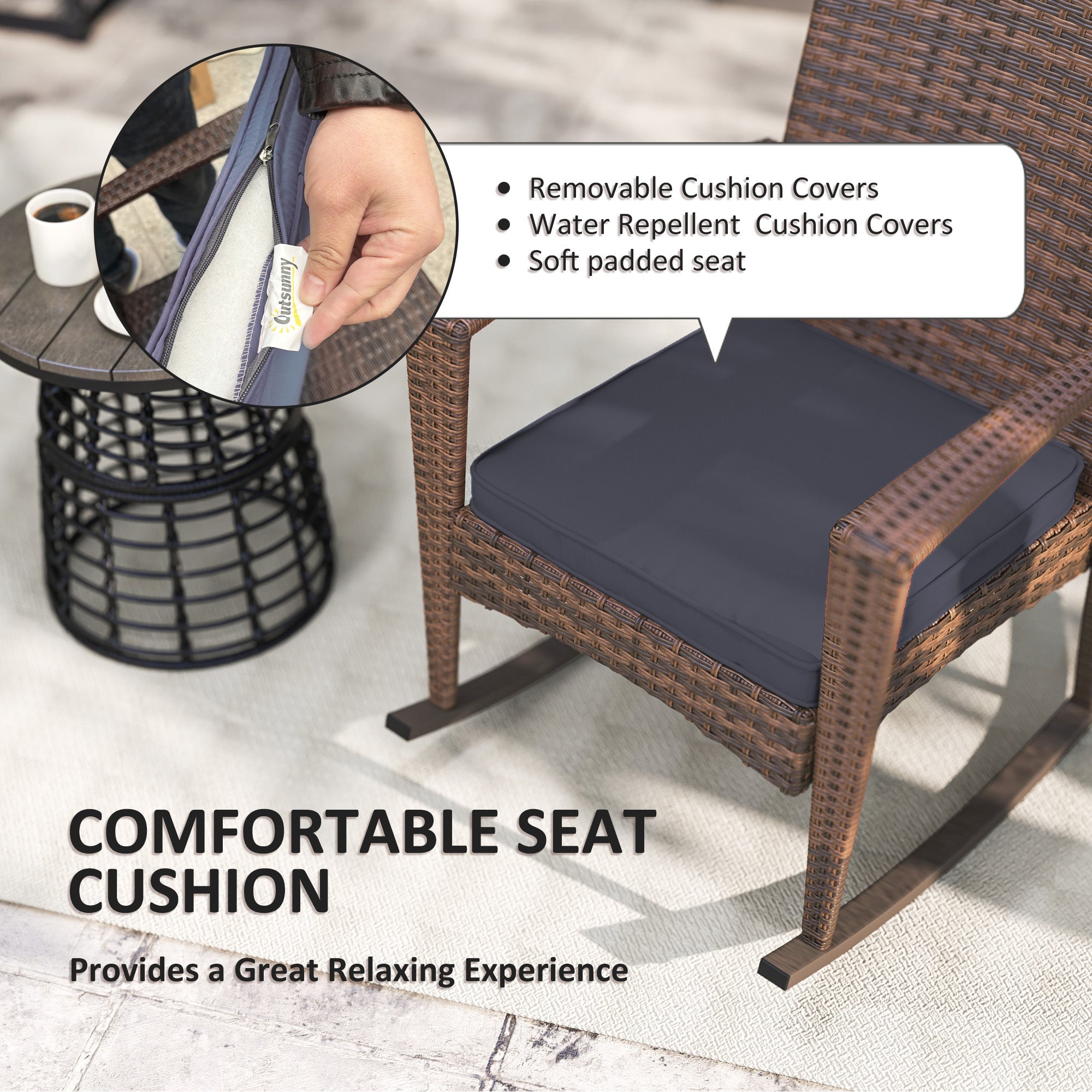 Outsunny Outdoor PE Rattan Rocking Chair, Garden Glider Rocking Chair, Wicker Patio Chair Set with Armrest and Cushion, Dark Blue 