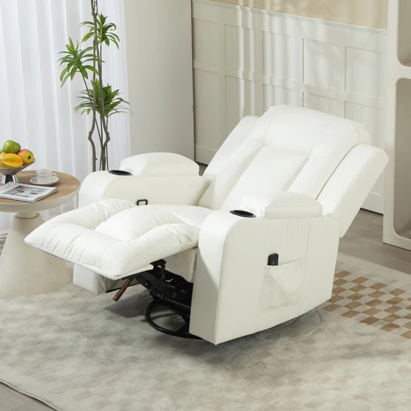 Swivel Massage Recliner Sofa, Overstuffed Manual Reclining Sofa, PU Leather Rocking Chair with Side Pockets, Cup Holders, for Living Room, Nursery, Cream White