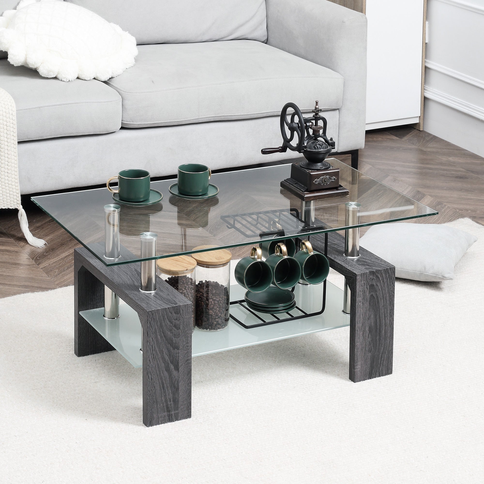 HOMCOM Modern Grey Centerpiece: Rectangle Coffee Table with Storage Shelf, 2-Tier Tempered Glass Top for Living Room 