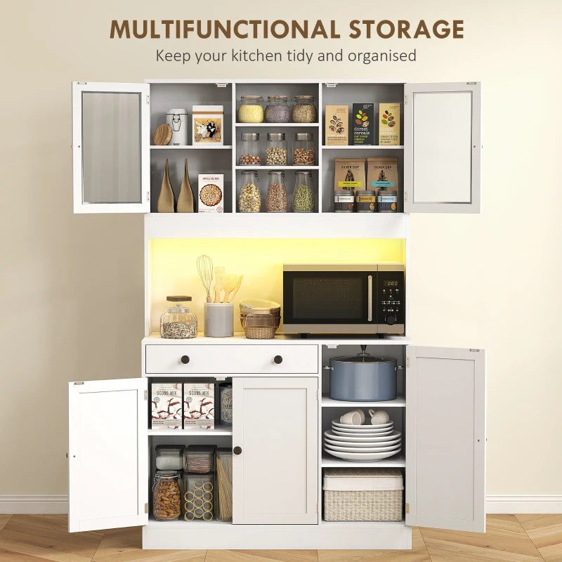 Tall Kitchen Pantry with LED Light, Freestanding Storage Cabinet with Hutch, Shelves, Drawer, Doors, White