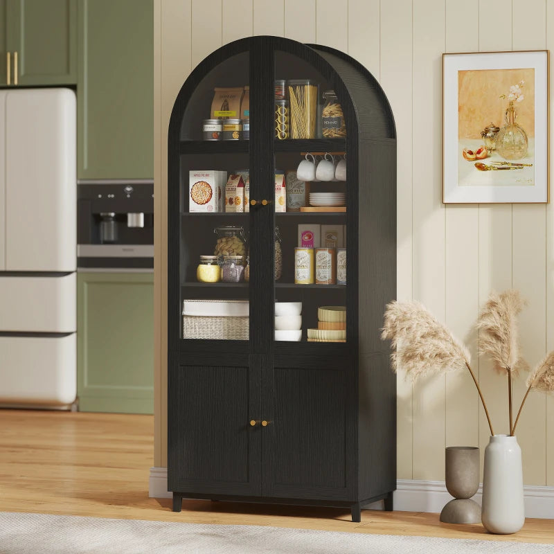 Arched Kitchen Pantry Cabinet, 71" Tall Farmhouse Kitchen Storage Cabinet with Acrylic Glass Doors, Black