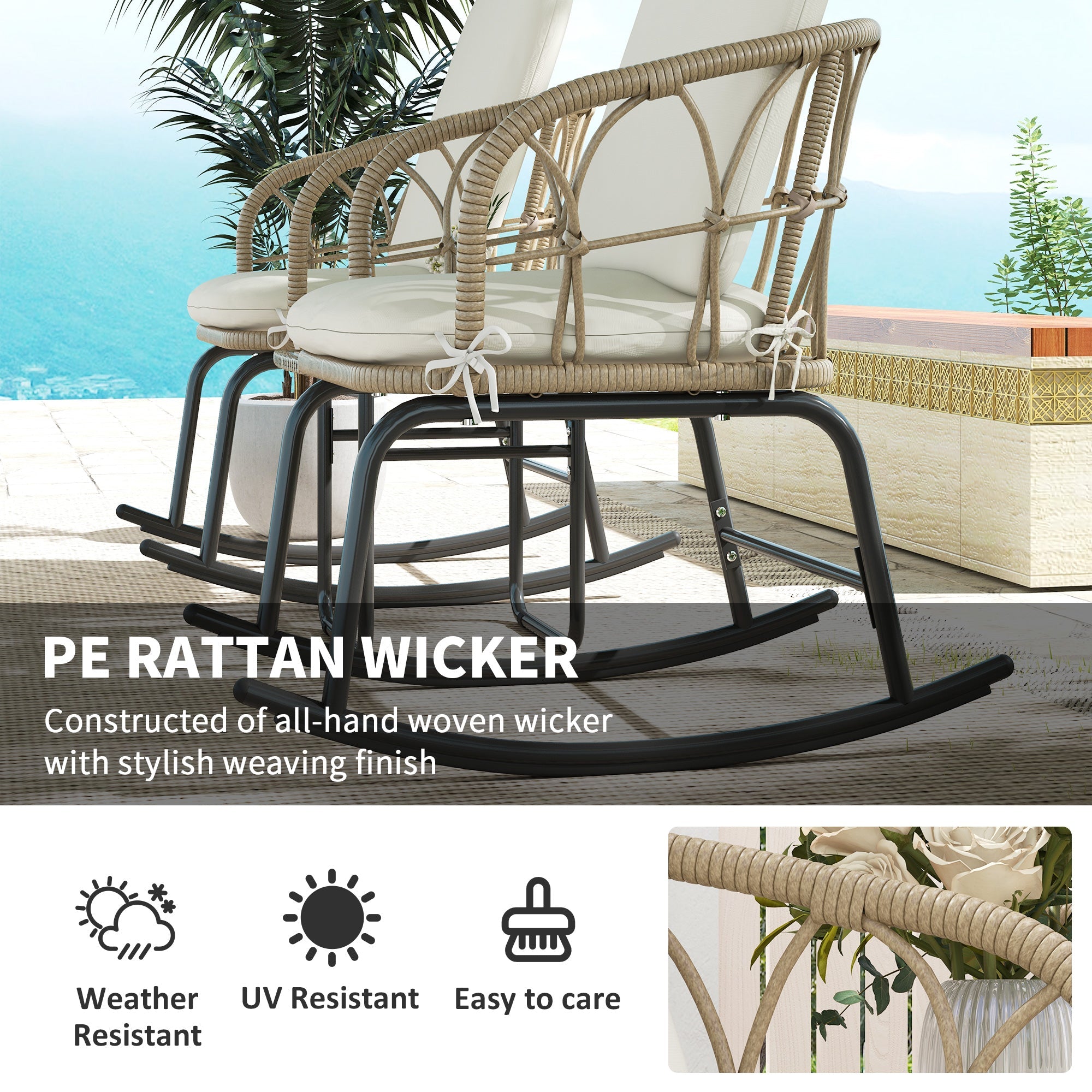 Outsunny 3 Pieces Patio Rocking Chair Patio Set with Cushions, Outdoor Round PE Rattan Wicker Hollow Design Conversation Set, Beige 