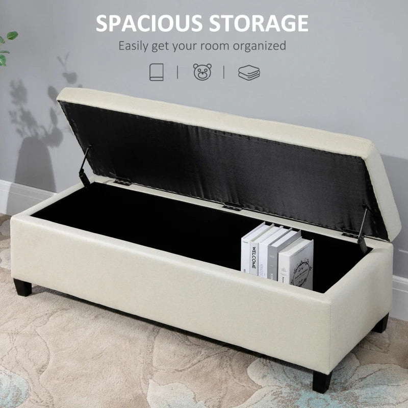 Rectangular Entry Bench, Tufted Upholstered Linen Fabric Wood Feet Storage Ottoman Bench, Beige