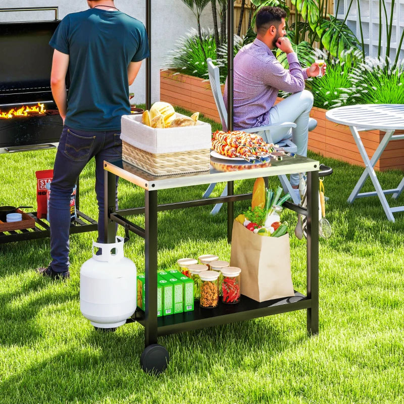 Outdoor Grill Dining Cart with Stainless Steel Tabletop, 2-Shelf BBQ Movable Pizza Oven Stand with Wheels, Charcoal Grey