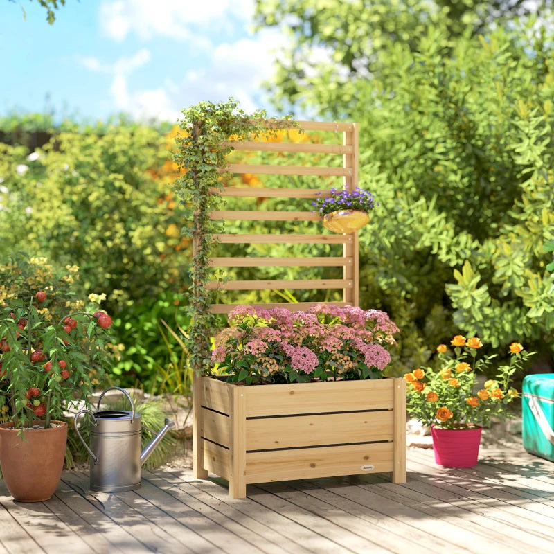 Wooden Raised Garden Bed with Trellis, Outdoor Elevated Planter Box with Drainage Hole and Bed Liner