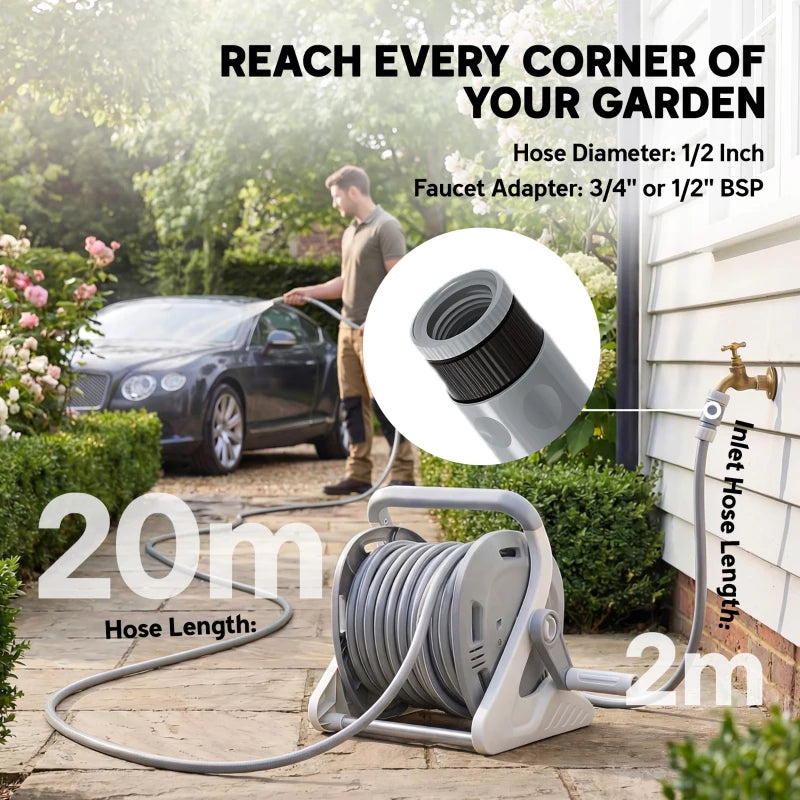 Portable Garden Hose Reel, 1/2" x 66ft Wall Mounted Hose Reel with 2 Patterns Spray Nozzle and Crank Handle, Grey