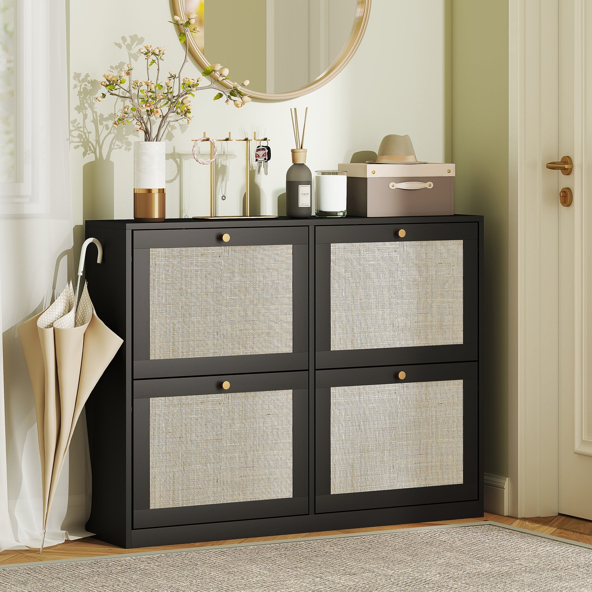 HOMCOM Narrow Shoe Storage Cabinet, Rattan Shoe Cabinet with 4 Flip Drawers and Adjustable Shelves for 20 Pairs, Black 