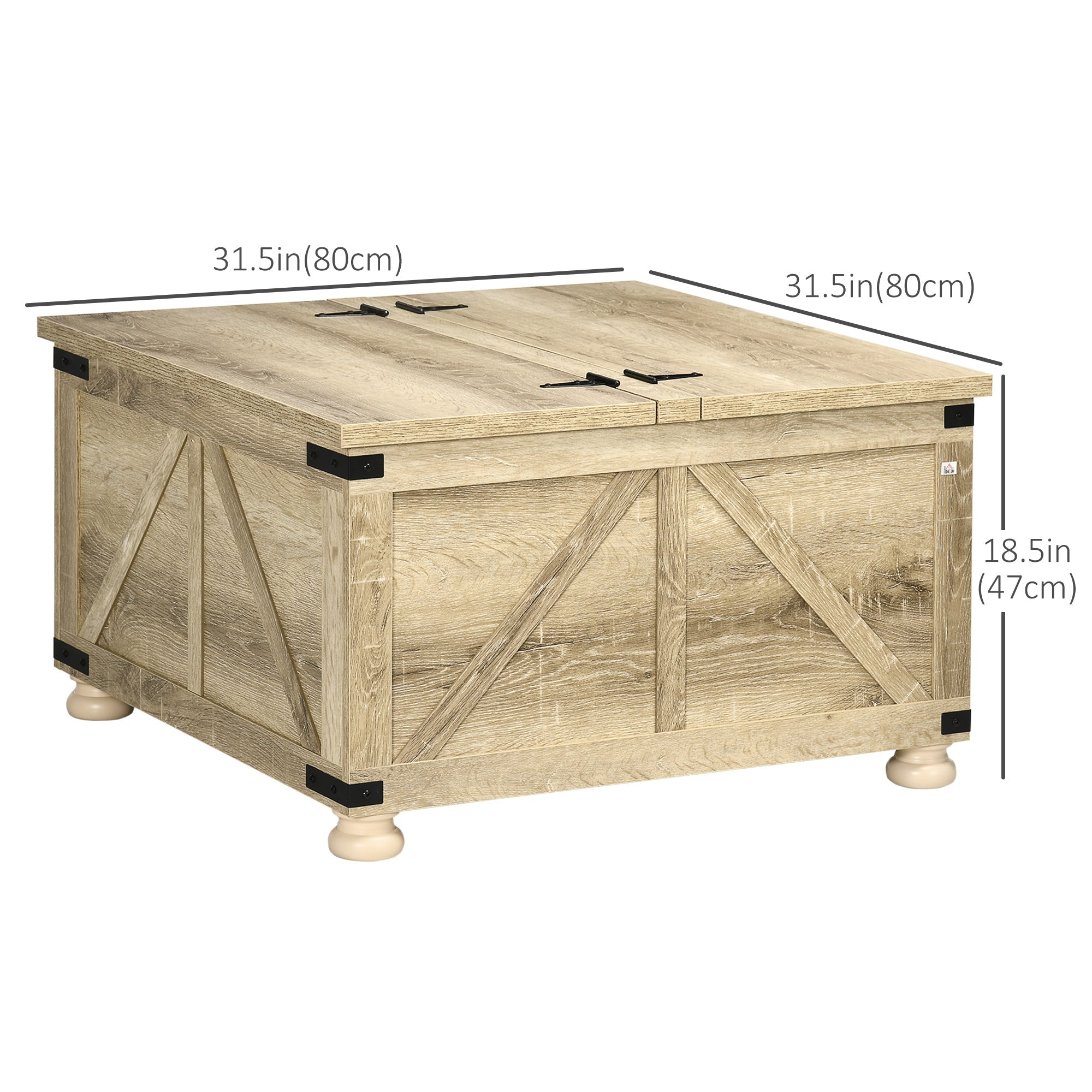 HOMCOM Oak Farmhouse Square Coffee Table: Center Table with Flip-Top Lids, Hidden Storage Compartment and Wooden Legs 