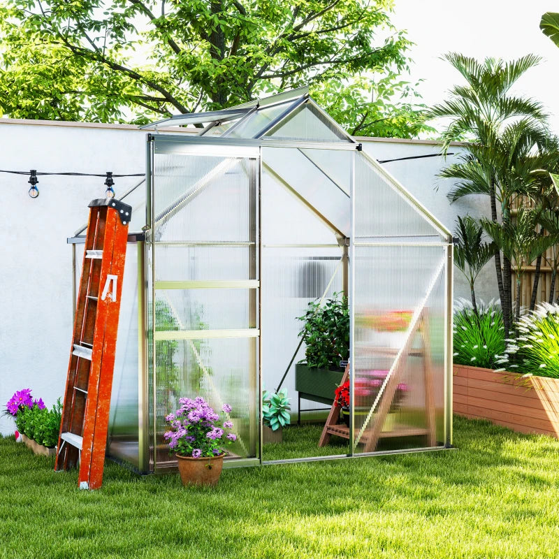 6' x 4' x 6.6' Walk-in Greenhouse, Polycarbonate Greenhouse with Adjustable Roof Vent, Base, Sliding Door, Clear