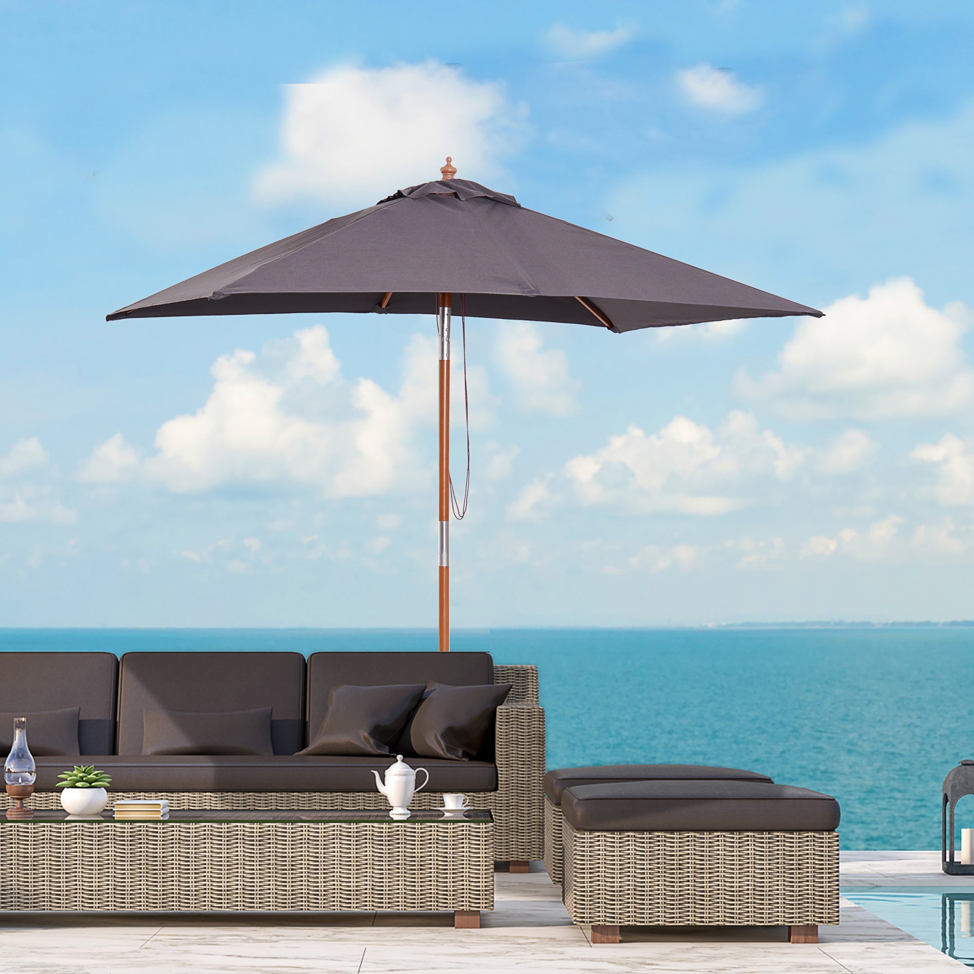 Outsunny Market Umbrella: 6.6x5ft Square Wooden Tilt 6 Bamboo Ribs Dark Grey 