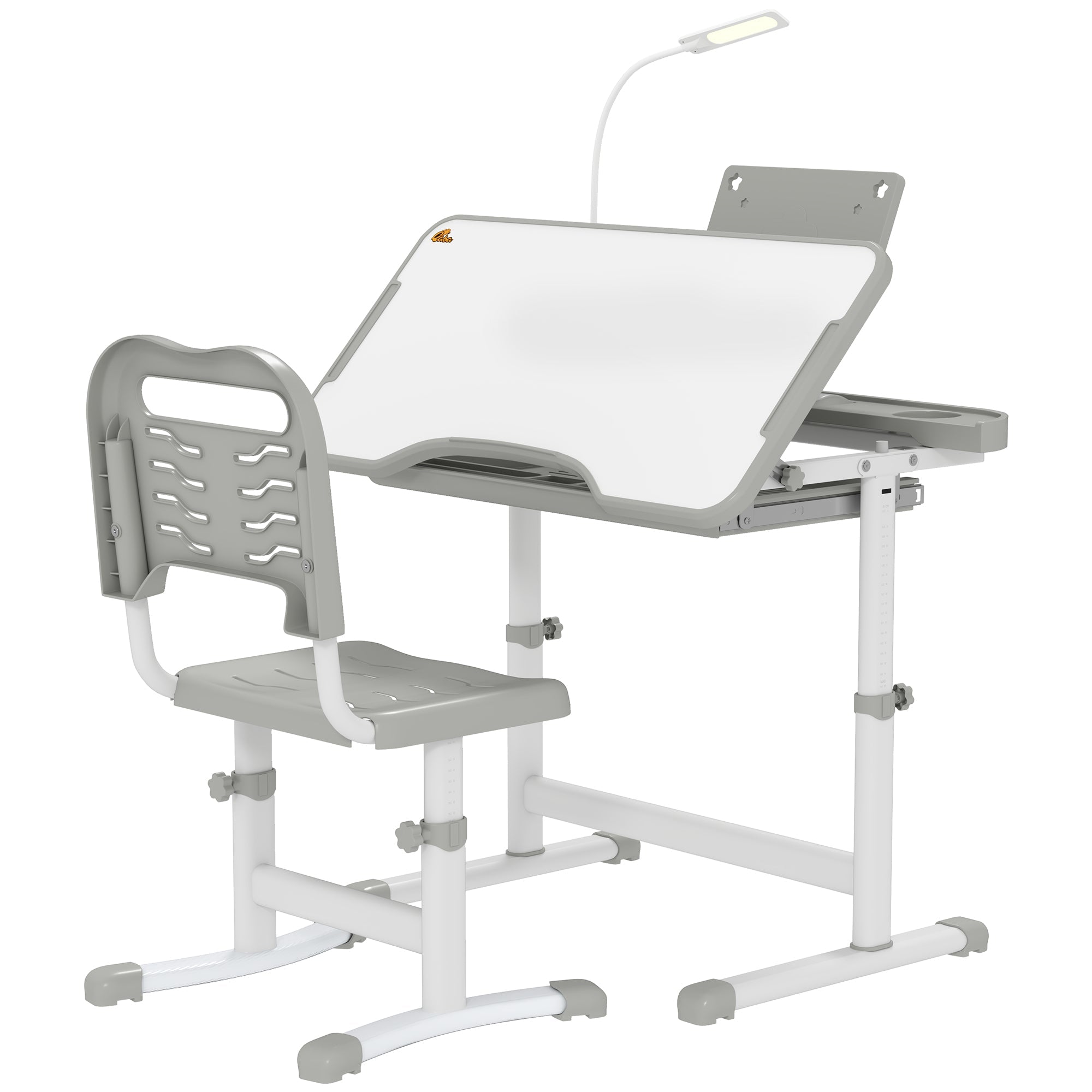 Qaba Kids Desk and Chair Set Height Adjustable Student Writing Desk Children School Study Table with Tilt Desktop, Grey 