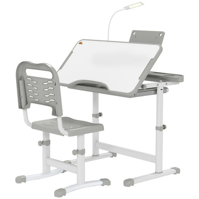 Qaba Kids Desk and Chair Set Height Adjustable Student Writing Desk Children School Study Table with Tilt Desktop, Grey 