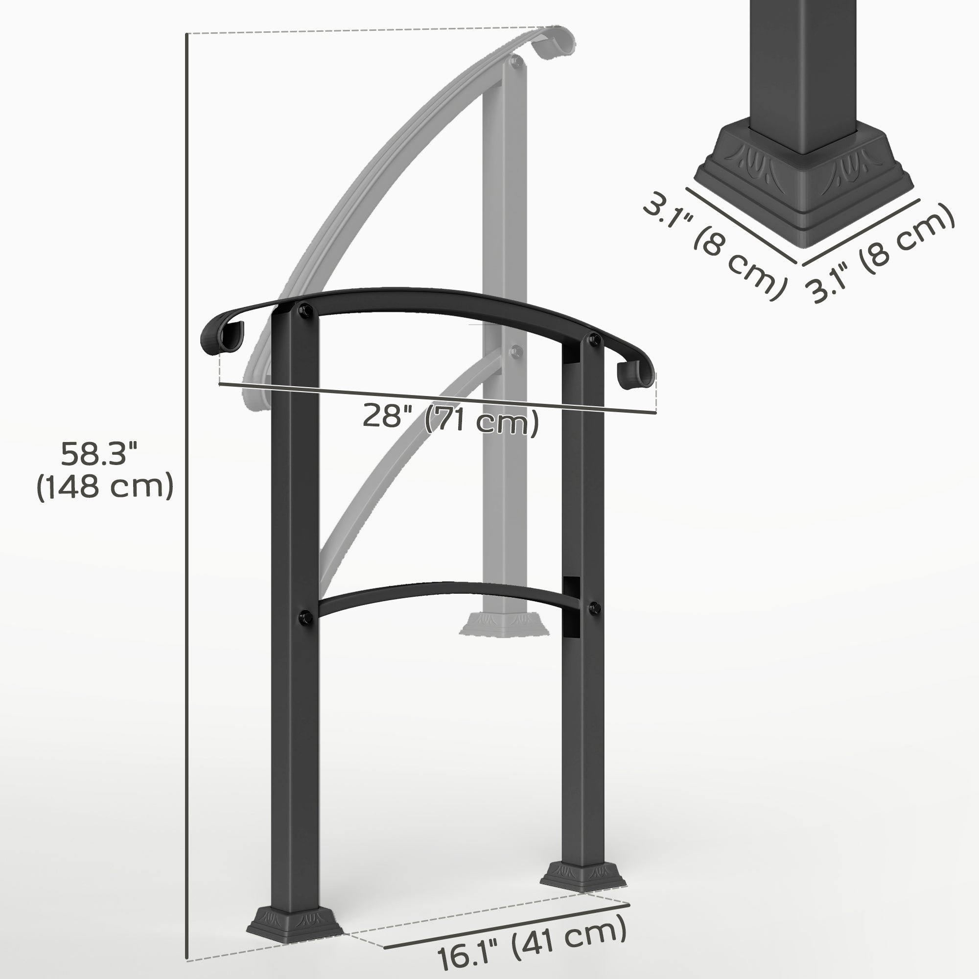 Outsunny 1-3 Step Handrails for Outdoor Steps, Porch Deck Railing, Metal Outdoor Stair Railing with Installation Kit, Black 