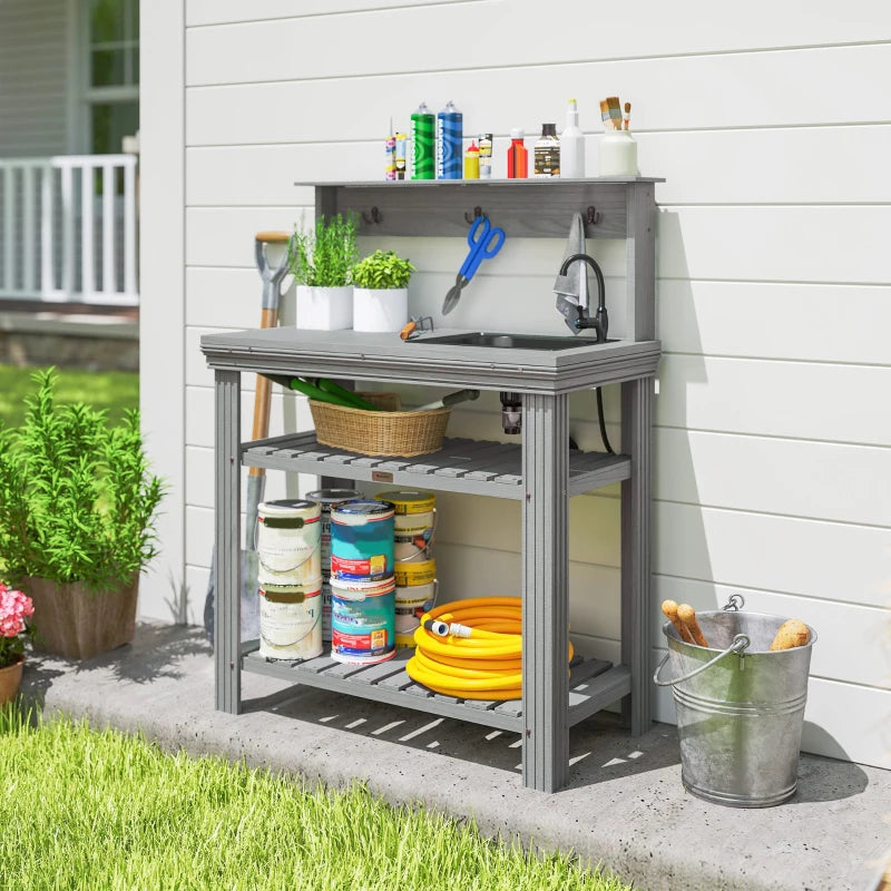 Outdoor Potting Bench Table with Faucet, Removable Sink, Hooks and Storage Shelves, Wood Work Bench Workstation, Grey