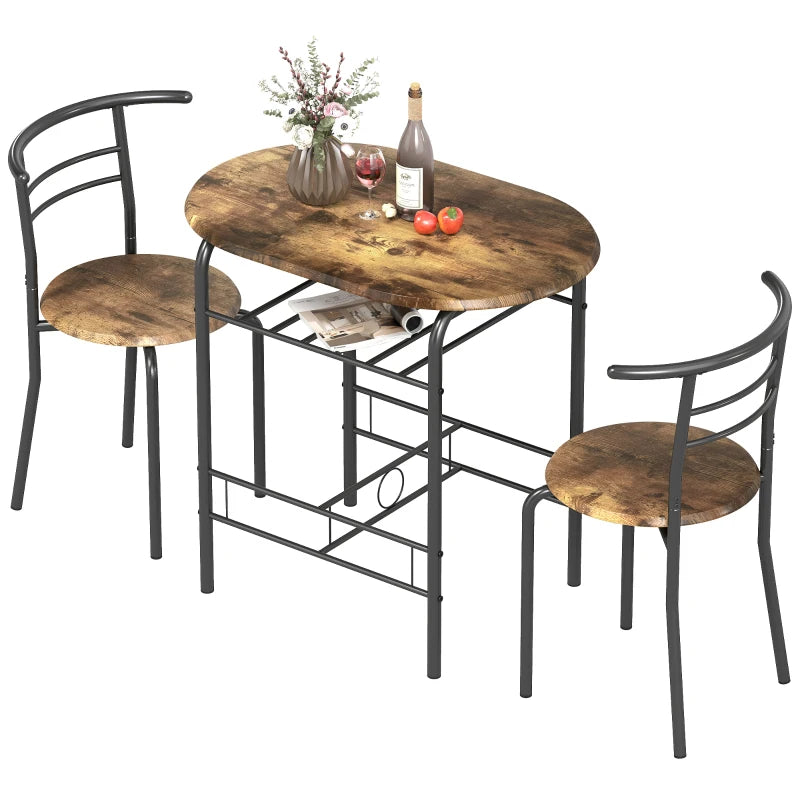 Dining Table Set of 3, Kitchen Table and Chairs Set for 2 with Shelf, Living Room Rustic Brown