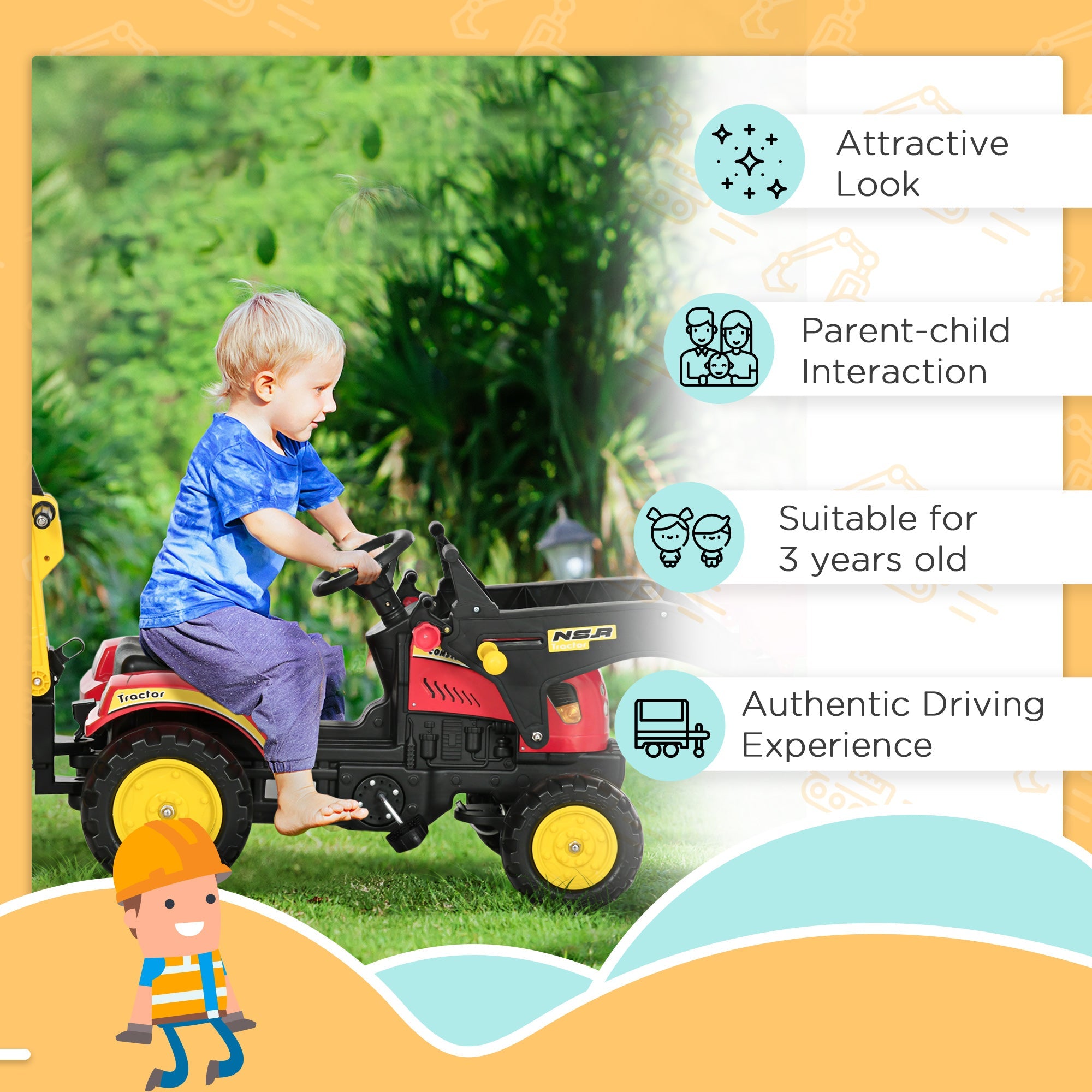 Aosom 3 in1 Kids Ride On Bulldozer/Excavator Toy with 6 Wheels, Controllable Cargo Trailer & Easy Pedal Controls 