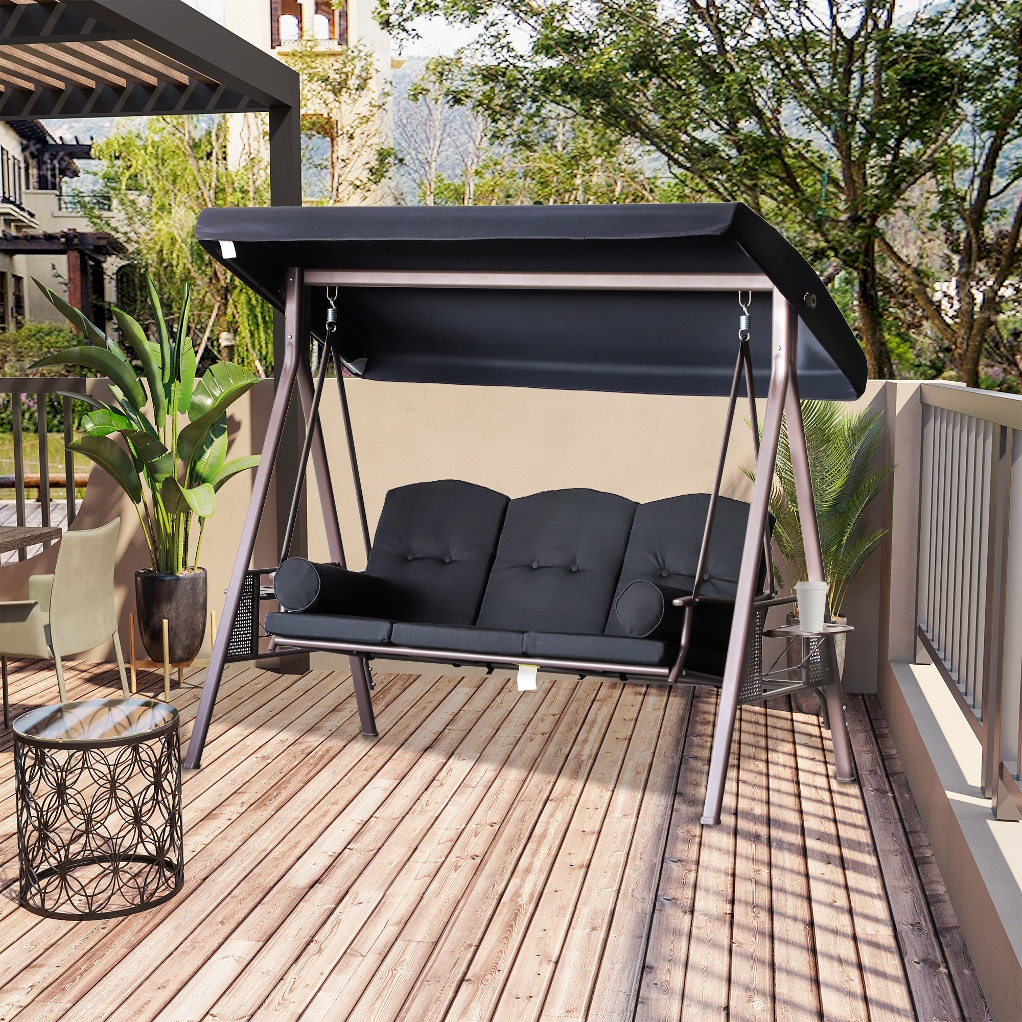 Outsunny 3-Person Porch Swing Chair Heavy Duty Outdoor Lounge Hammock with Cushioned Seat and Tilt Canopy Black 