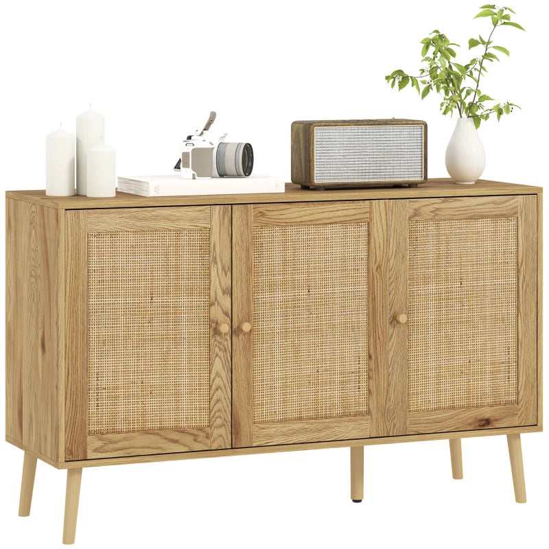 Bohemian Sideboard with Rattan Doors & Adjustable Shelf, Natural Wood Finish