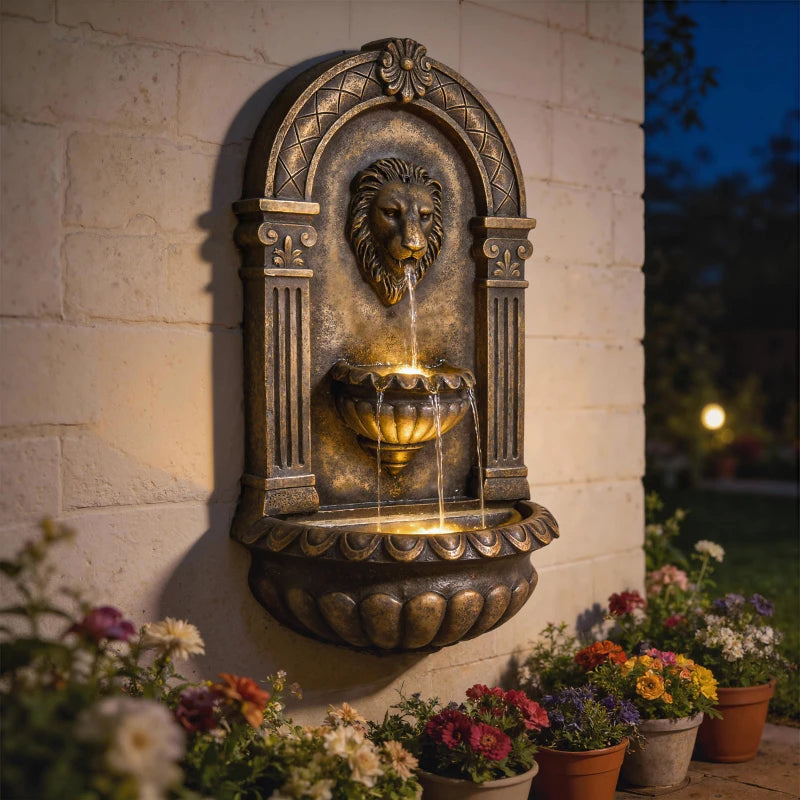 Wall-Mounted 3-Tier Outdoor Fountain, Resin Cascading Waterfall with LED Lights and Adjustable Flow, Rustic Brown