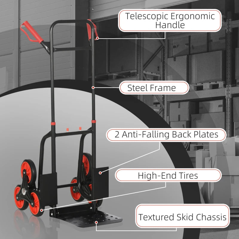 6-Wheels Stair Climber Trolley Cart, Hand Truck and Dolly, Foldable Steel Load Cart, 264lbs Capacity, Black and Red