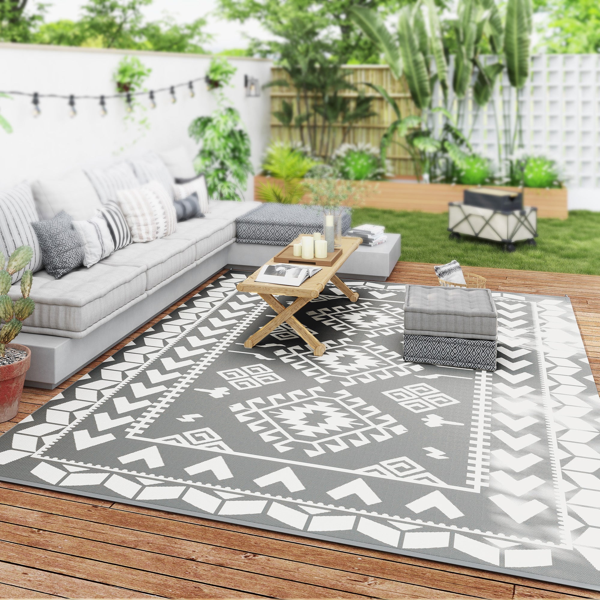 Outsunny 9' x 12' Outdoor RV Rug, Reversible Patio Floor Mat with Carry Bag, Rhombus Patchwork, Grey and White 
