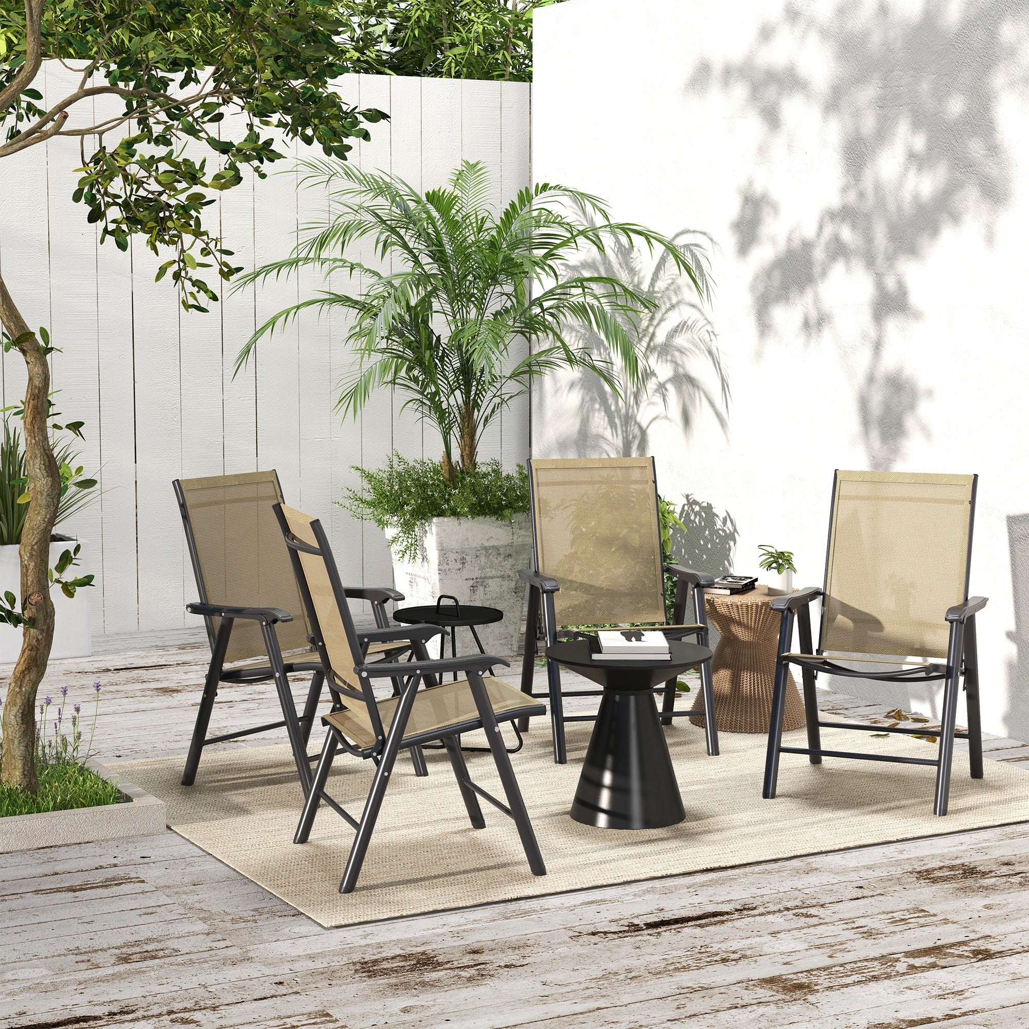 Outsunny 4-Piece Folding Chair Set for Relaxing on Patio Balcony Garden, Comfortable Outdoor Furniture with Armrests, Brown 