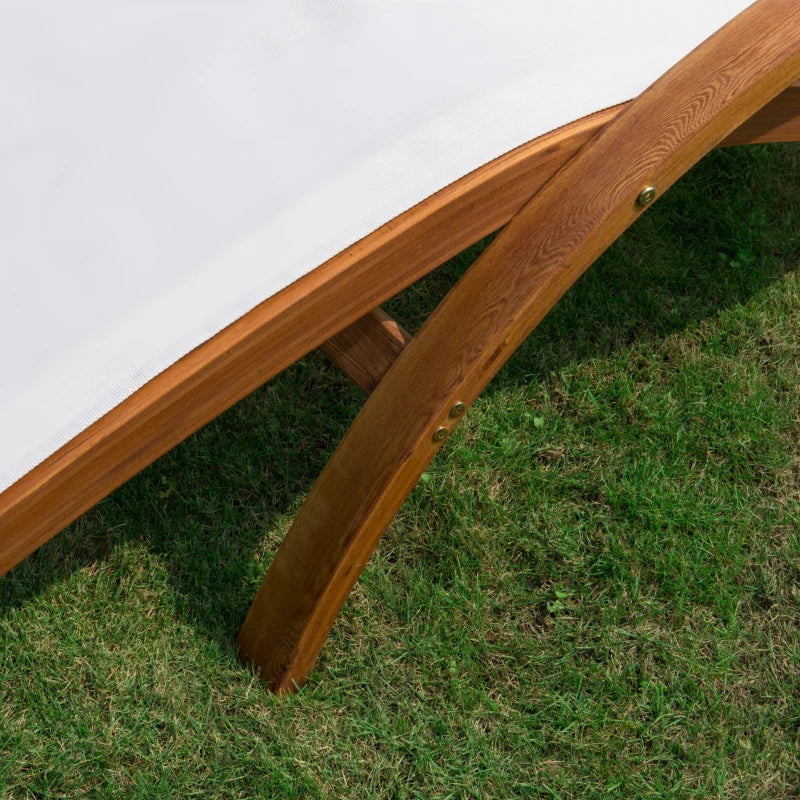 Outdoor Wood Sling Chaise Lounge Reclining Garden Mesh Lounger Patio Chair with Headrest Cream