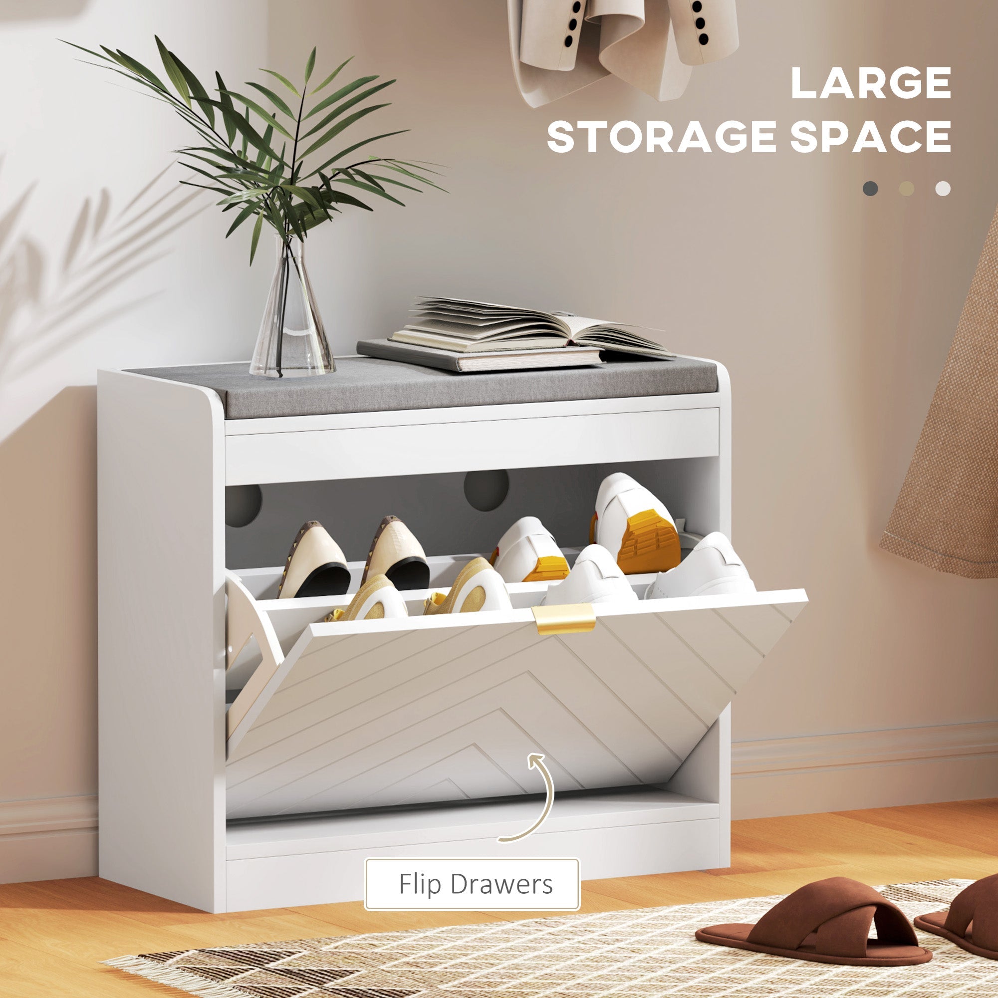 HOMCOM Shoe Storage with Seat, Upholstered Hallway Bench, Shoe Bench with Flip Drawer and Vent for 5 Pairs of Shoes 