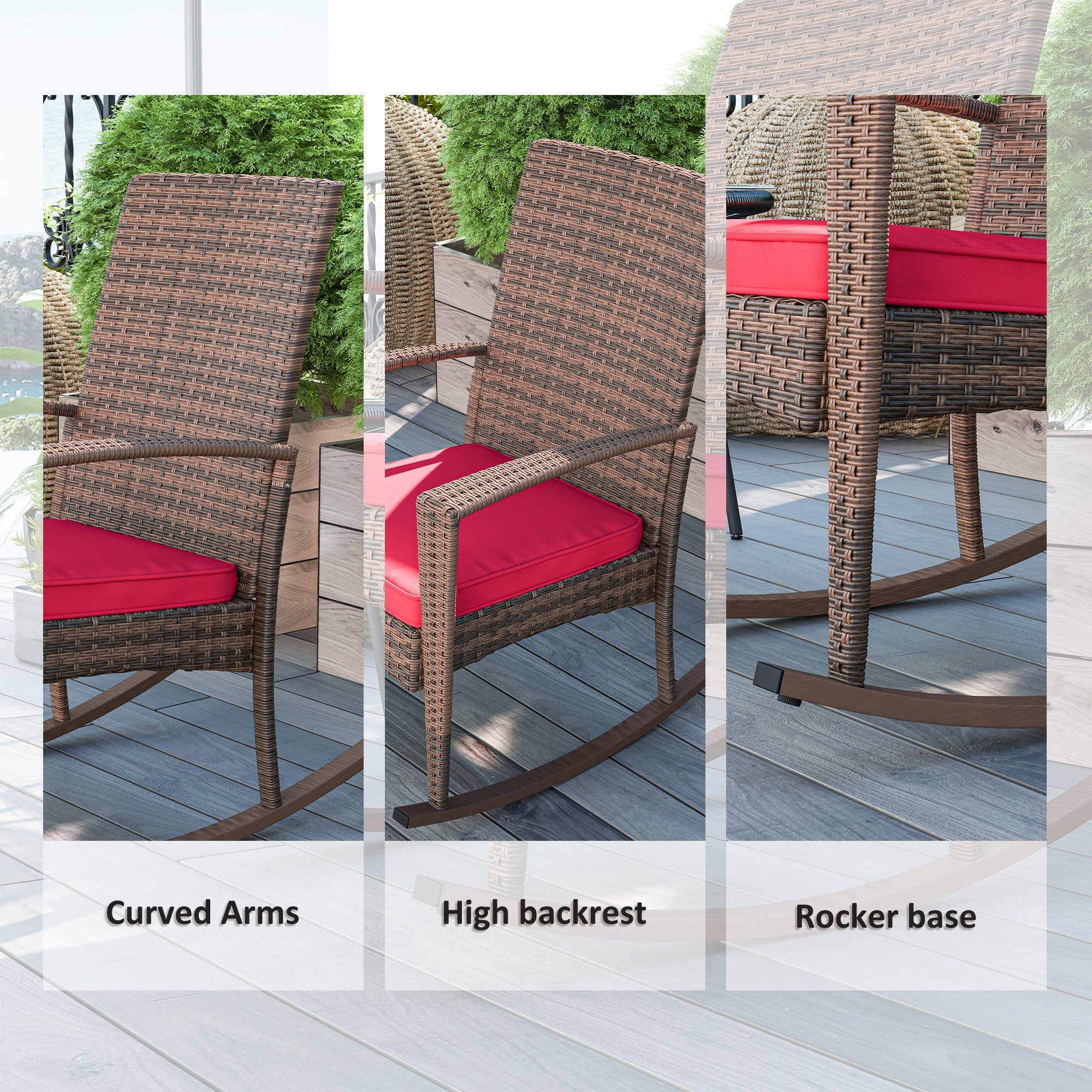 Outsunny Outdoor PE Rattan Rocking Chair, Garden Glider Rocking Chair, Wicker Patio Chair Set with Armrest and Cushion, Wine Red 